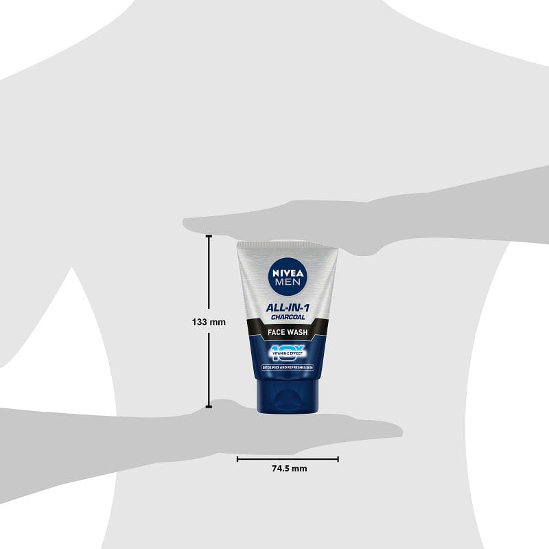 NIVEA Men Face Wash, All in 1 Charcoal, to Detoxify & Refresh Skin with 10x Vitamin C Effect (100gm)