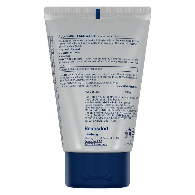 NIVEA Men Face Wash, All in 1 Charcoal, to Detoxify & Refresh Skin with 10x Vitamin C Effect (100gm)