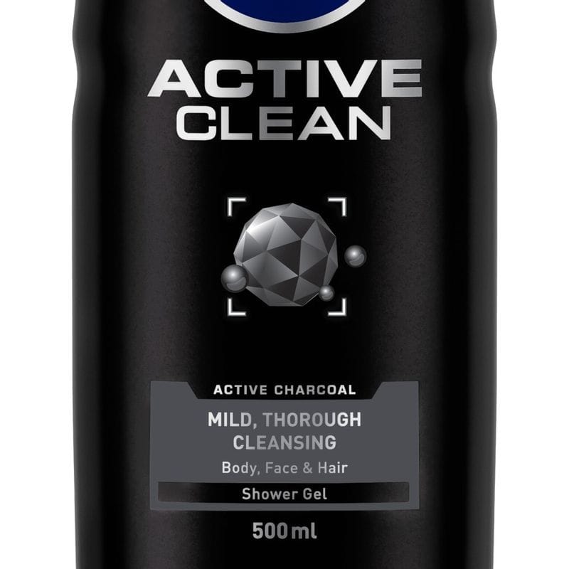 NIVEA - Men Body Wash, Active Clean with Active Charcoal, Shower Gel for Body, Face & Hair (500ML)