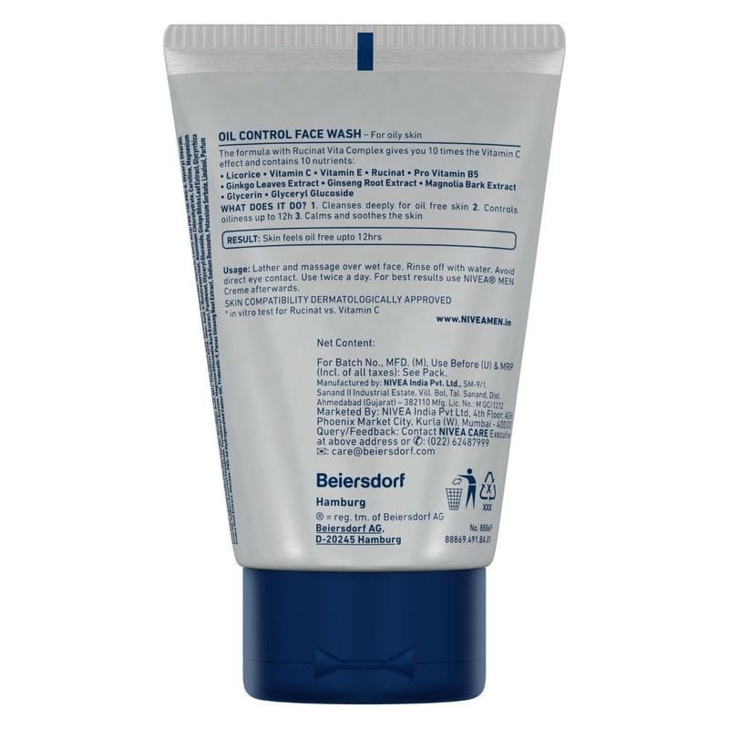 NIVEA - Men Face Wash for Oily Skin Oil Control for 5hr Oil Control with 10x Vitamin C Effect (100gm)