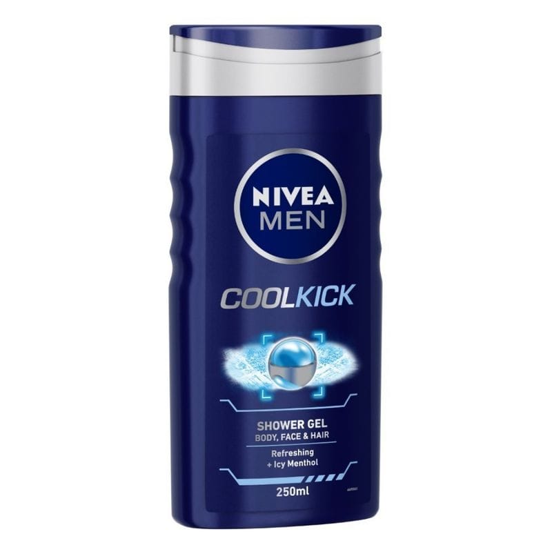 NIVEA Men Body Wash, Cool Kick with Refreshing Icy Menthol, Shower Gel for Body, Face & Hair (250ml)