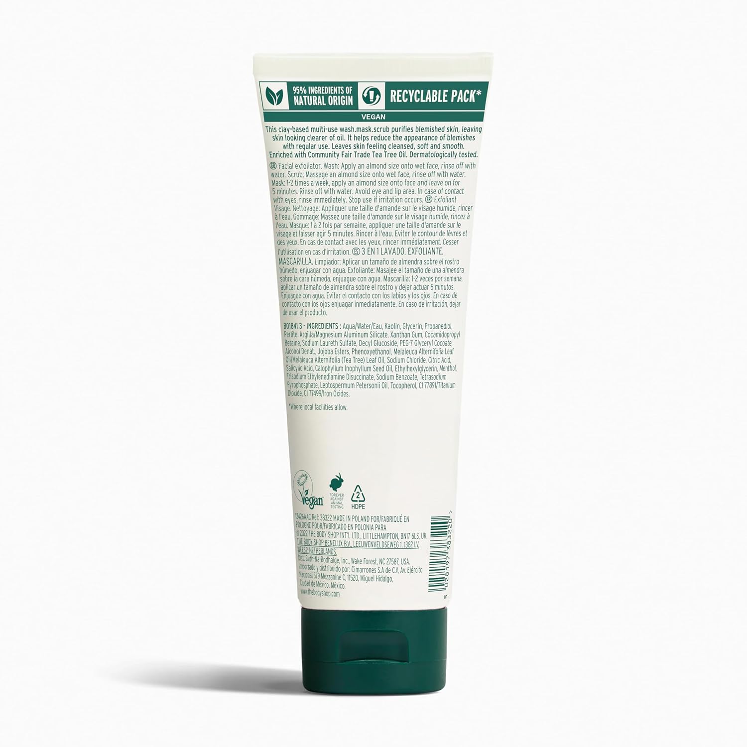 The Body Shop Tea Tree 3 in 1 Wash Scrub & Mask – Purifying Vegan Skincare For Oily, Blemished Skin – 4.2 oz