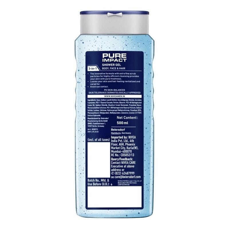 NIVEA - Men Body Wash, Pure Impact with Purifying Micro Particles, Shower Gel for Body, Face & Hair (500ML)