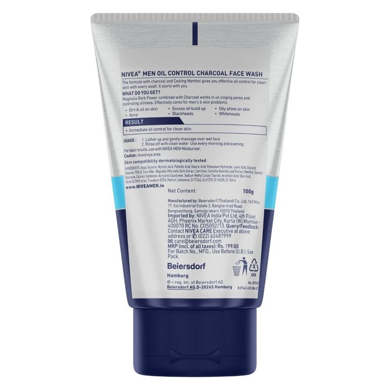 NIVEA Men Face Wash for Oily Skin, Oil Control Charcoal for Immediate Oil Control (100gm)